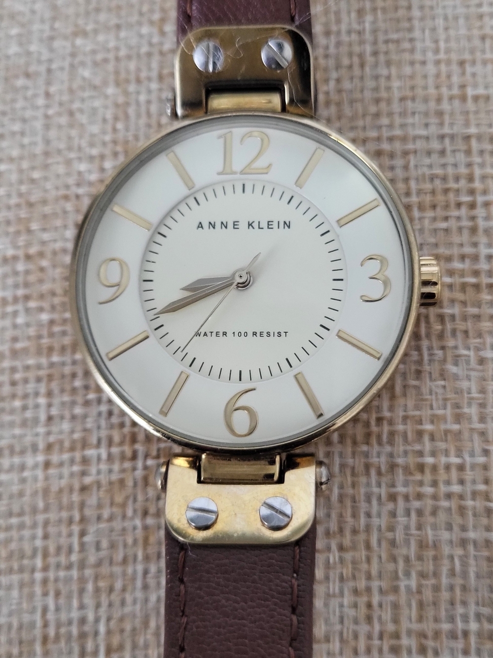 Anne Klein Women's Gold and Brown Leather Strap Watch- Needs Battery